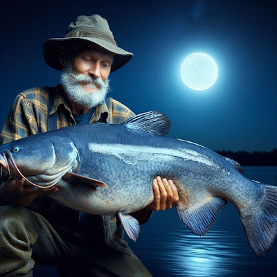 An angler proudly holding a large blue catfish they've caught at night