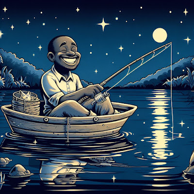 a man catfish fishing in the dark from a boat