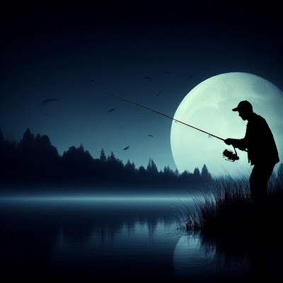 A silhouette image of an angler casting a line against a dark