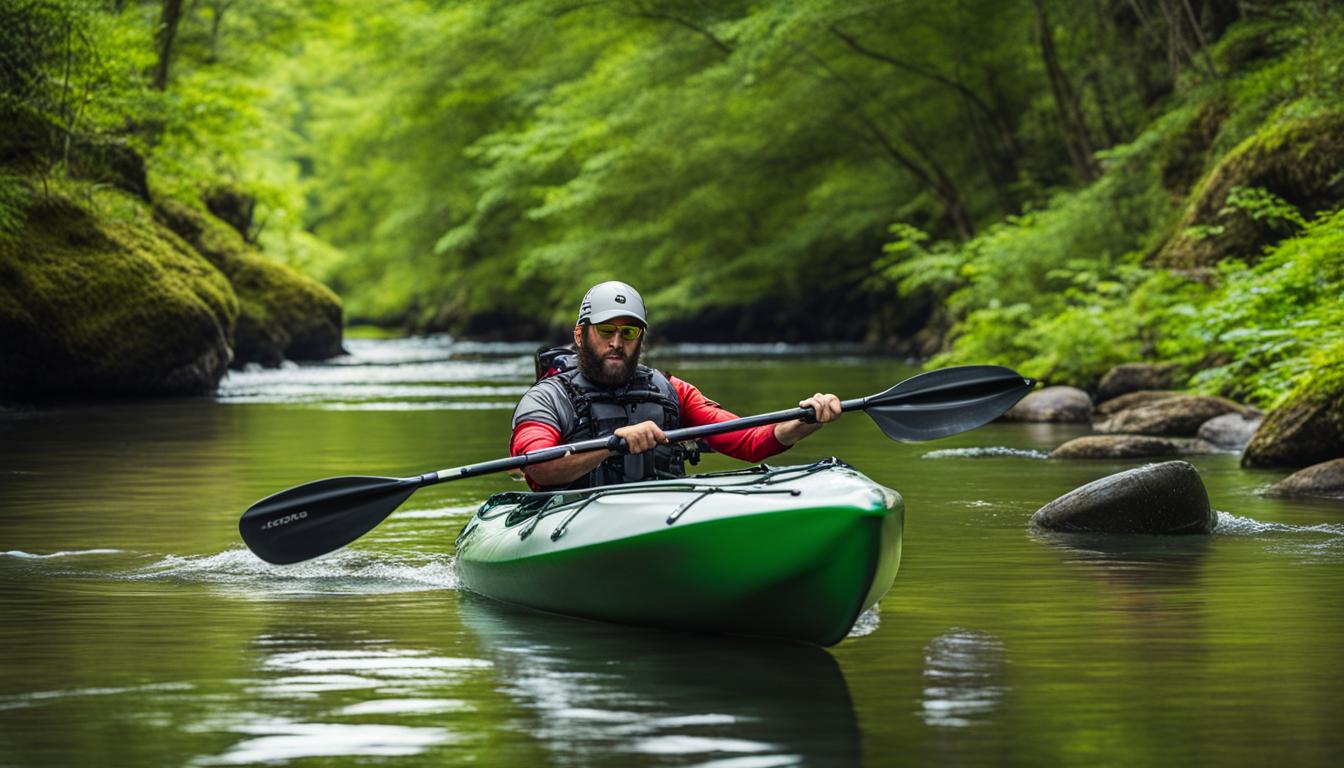 Kayak fishing for trout in freshwater rivers